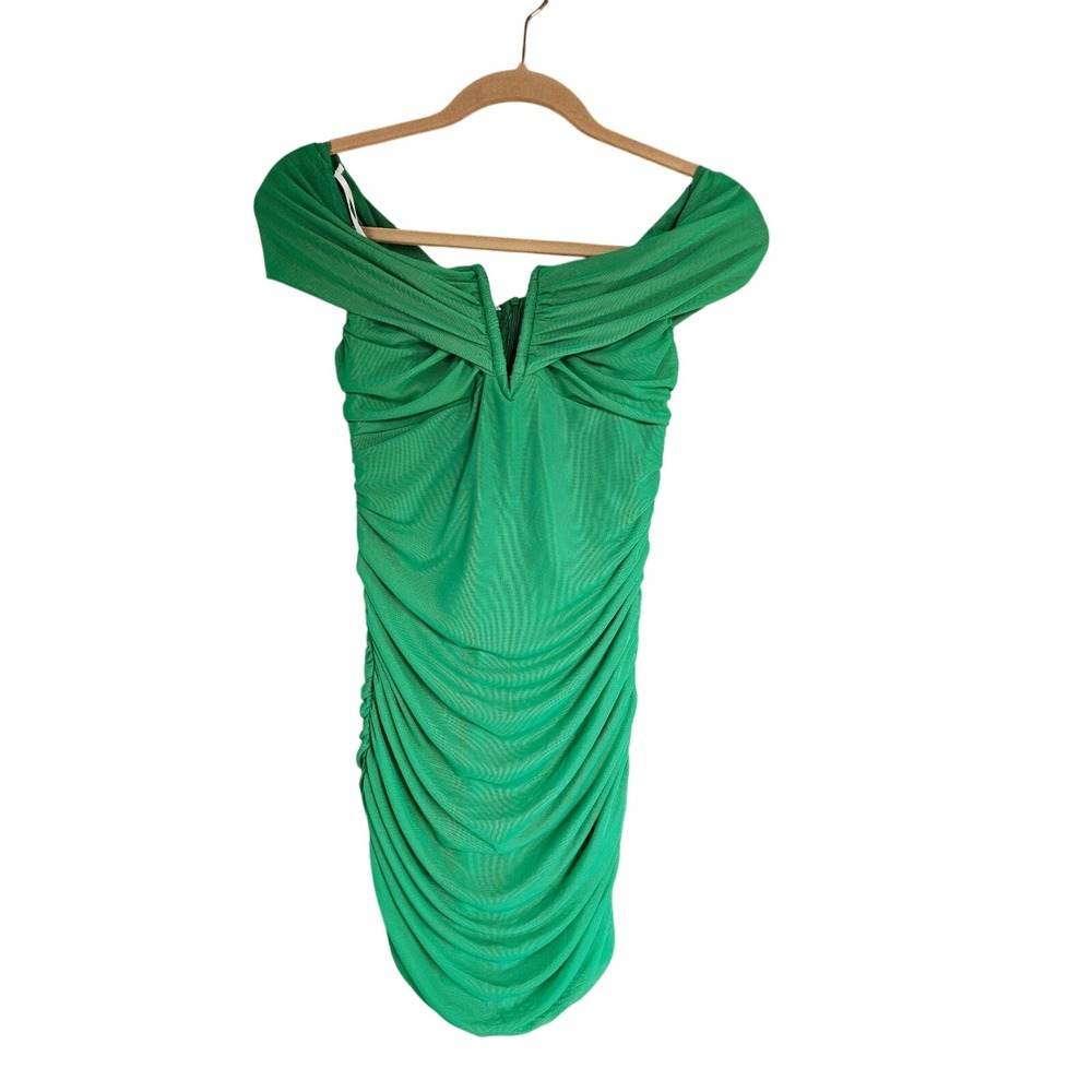 Cass‎ & Cat Size 12 Off Shoulder Ruched Bodycon Mini Dress Green Party Cocktail